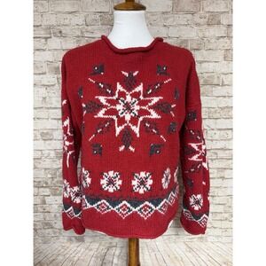 Vtg Best authentic Roll Neck Wool Red Floral Sweater Star M True North Aran‎